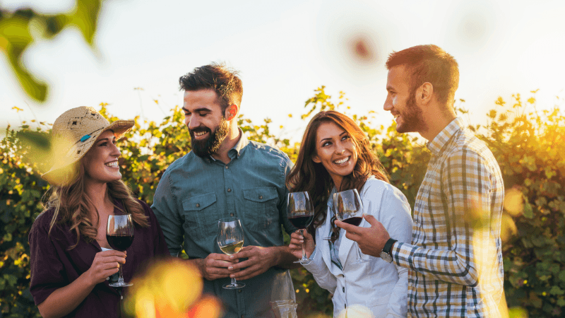 Freunde bei Weinwanderung im Weinberg